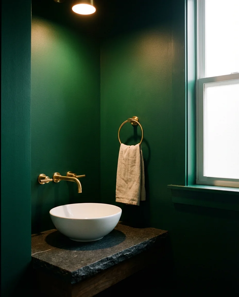 Moody Emerald Green Walls with Brass Fixtures 2