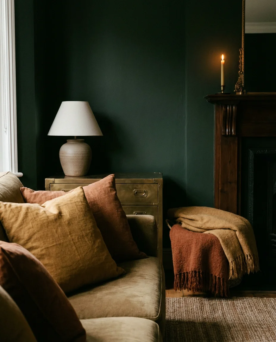 Moody Organic Living Room with Dark Green Walls 2
