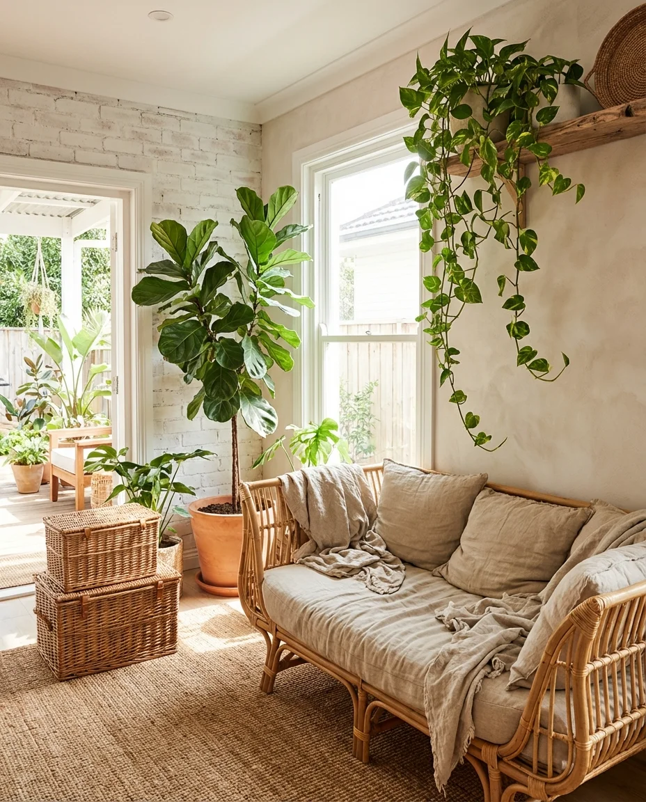 Natural Living Room with Indoor Plants and Wicker 1