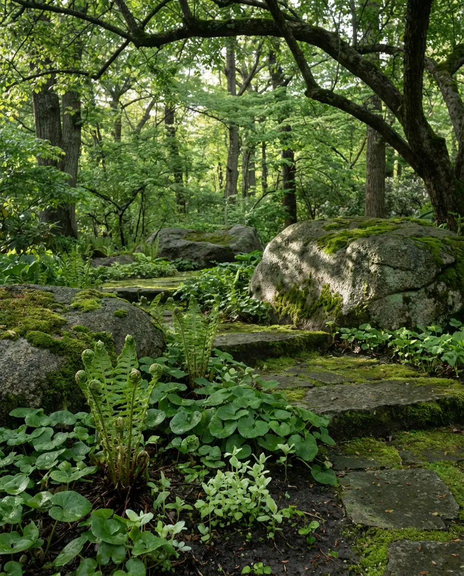 Natural Rock Garden with Moss and Woodland Ferns 1