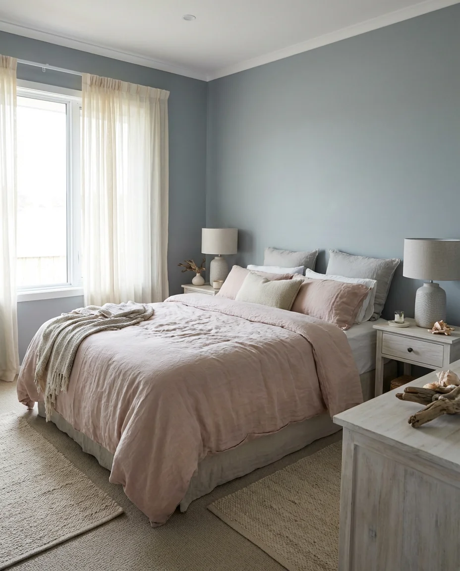 Pink and Grey Blue Soft Coastal Bedroom 1
