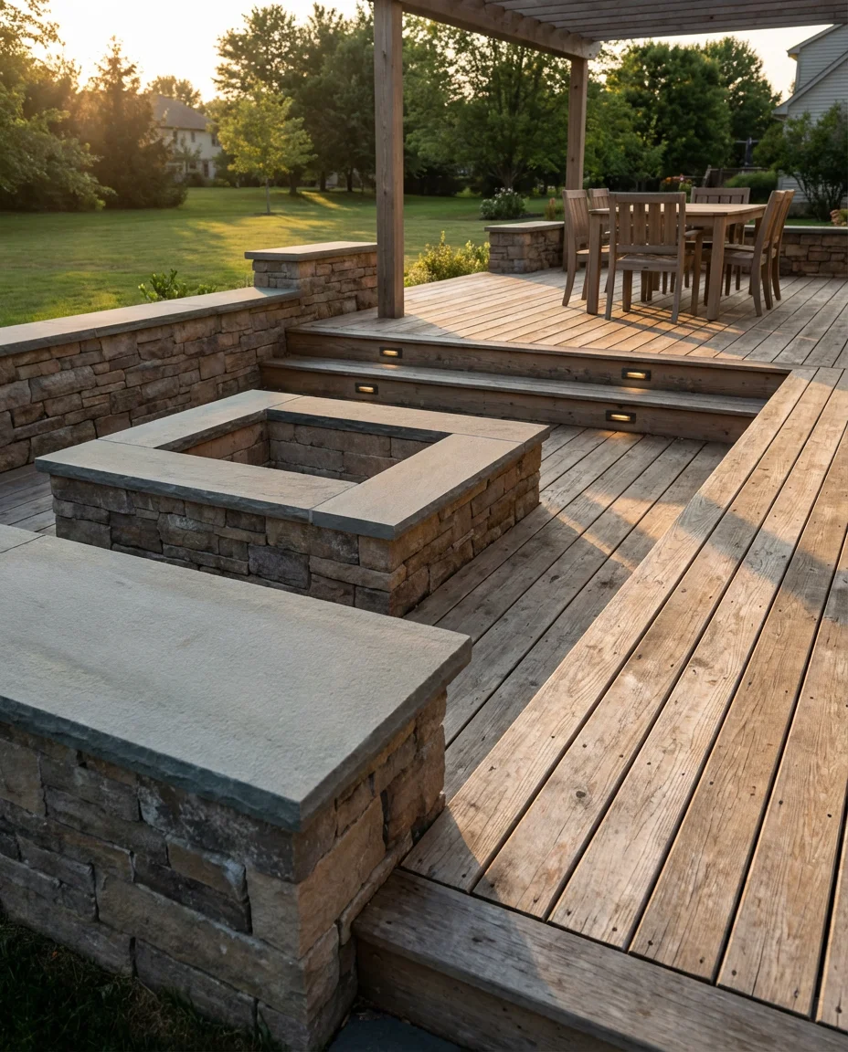 Raised Stone Fire Pit on a Multilevel Deck 1