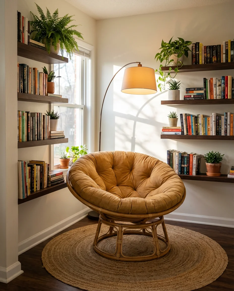 Reading Corner With Papasan Chair and Built-In Shelves 1