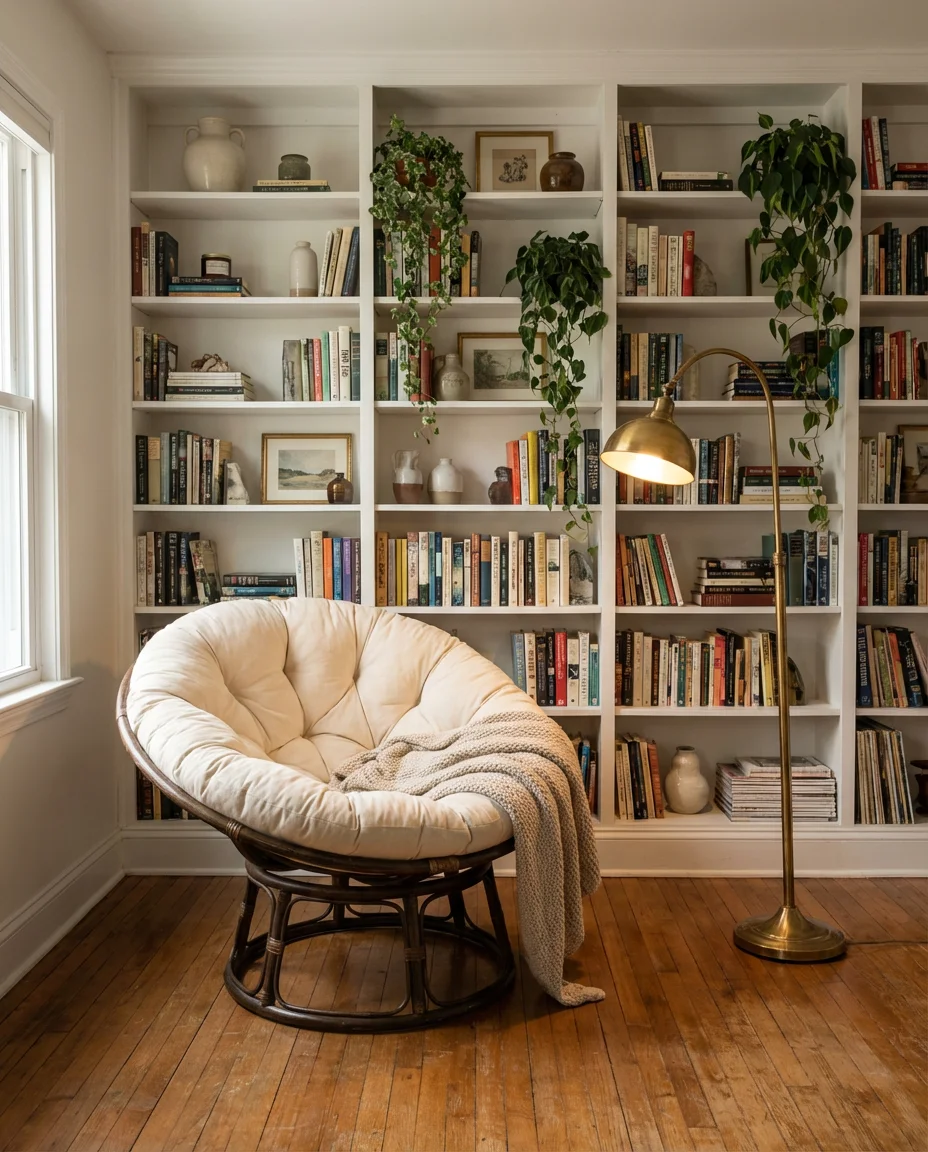 Reading Corner With Papasan Chair and Built-In-Shelves 2