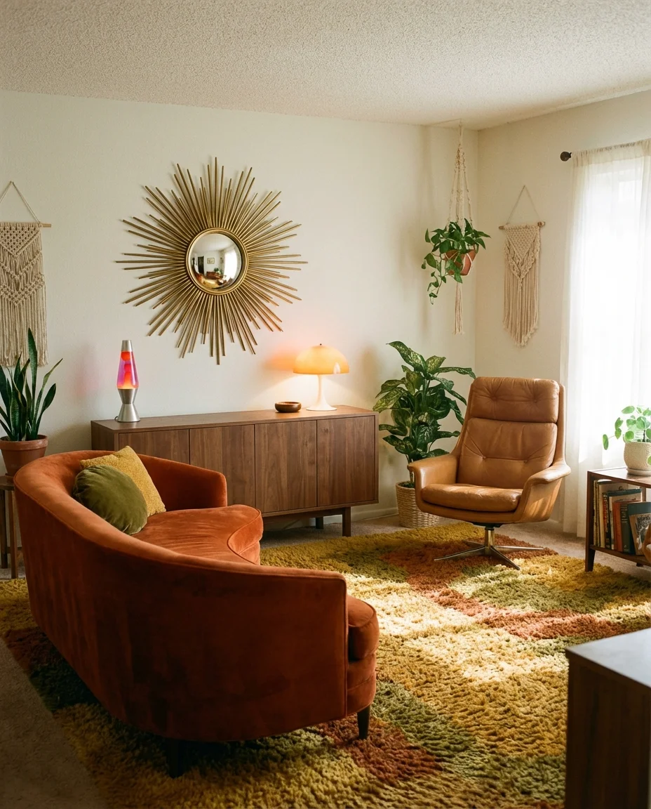 Retro 70s Living Room Revival with Shag Rug 1