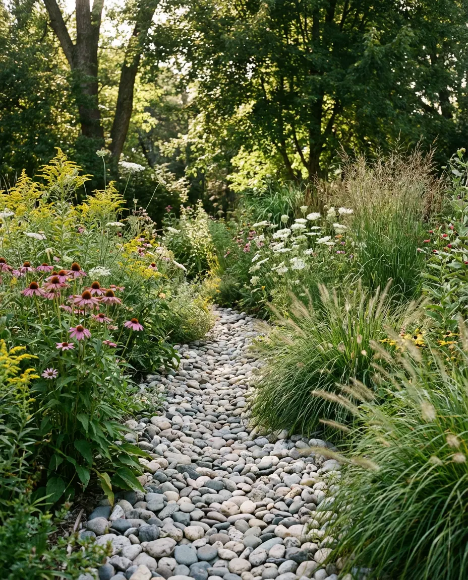 River Rock Backyard Path with Wildflower Borders 1