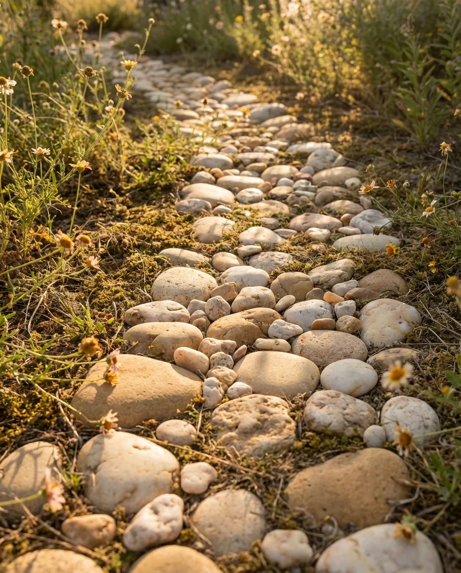 River Rock Backyard Path with Wildflower Borders 2