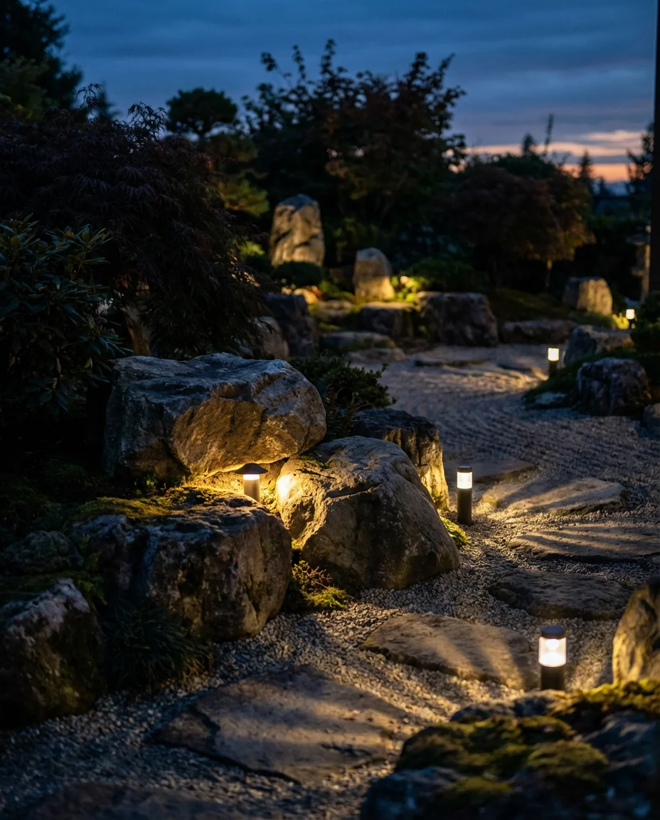 Rock Garden Design with Evening Landscape Lighting 1