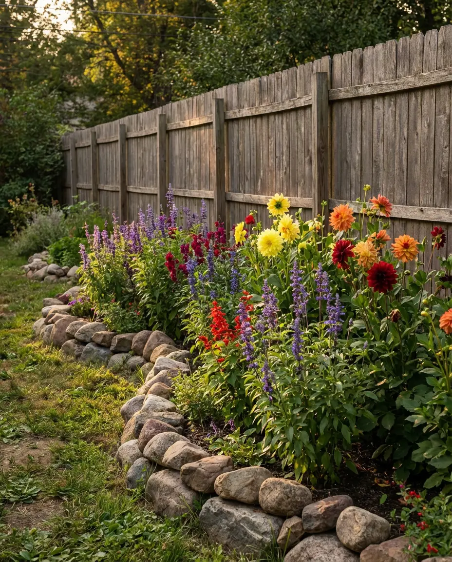 Rock Garden Flower Beds Along a Backyard Fence Line 1