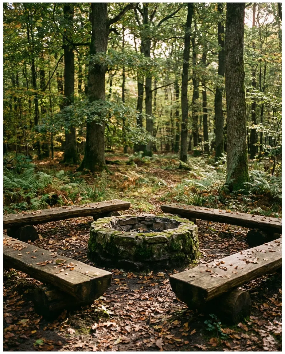 Rustic Log Surround Fire Pit in a Wooded Backyard 1