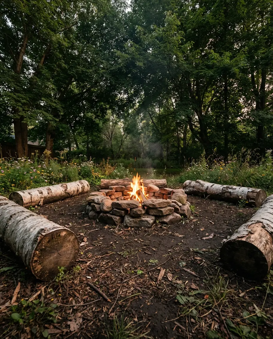 Rustic Log Surround Fire Pit in a Wooded Backyard 2