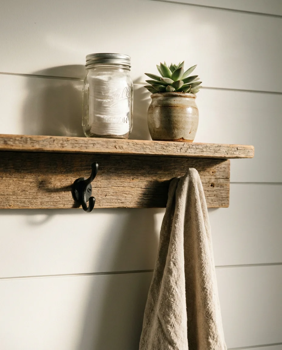 Rustic Wooden Shelf with Towel Hooks 1