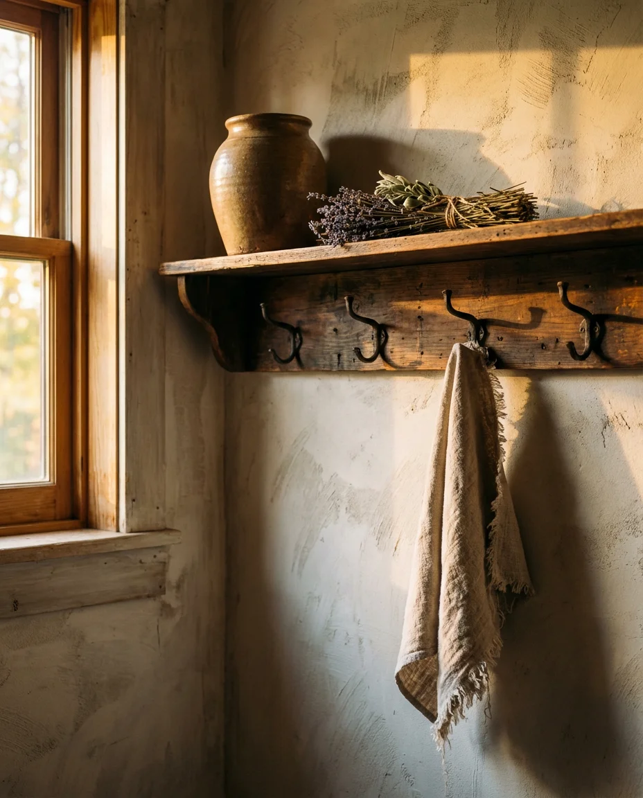 Rustic Wooden Shelf with Towel Hooks 2