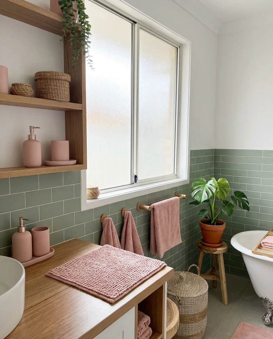 Sage Green and Pink Botanical Bathroom 2