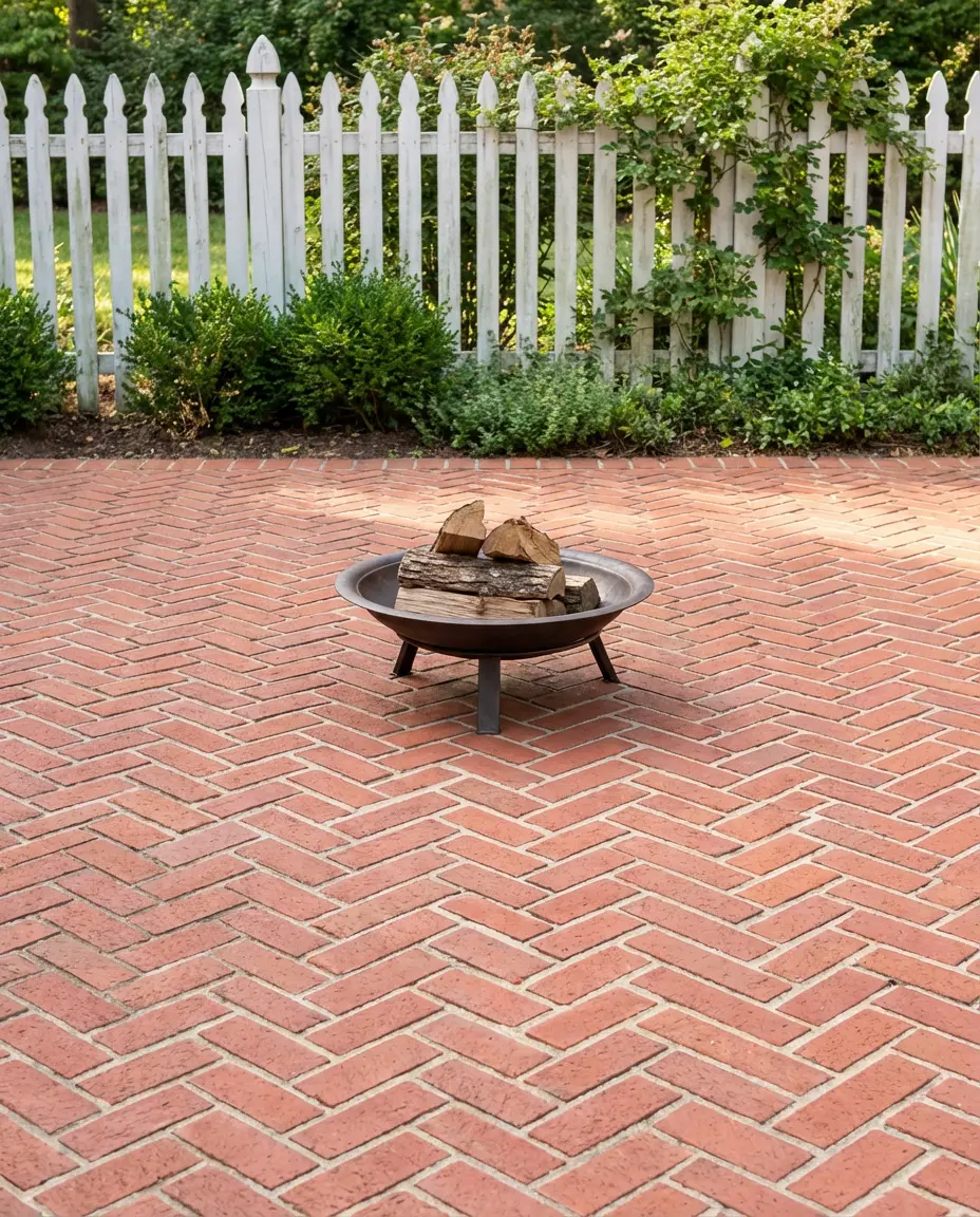 Small Backyard Fire Pit with Herringbone Brick Patio 1