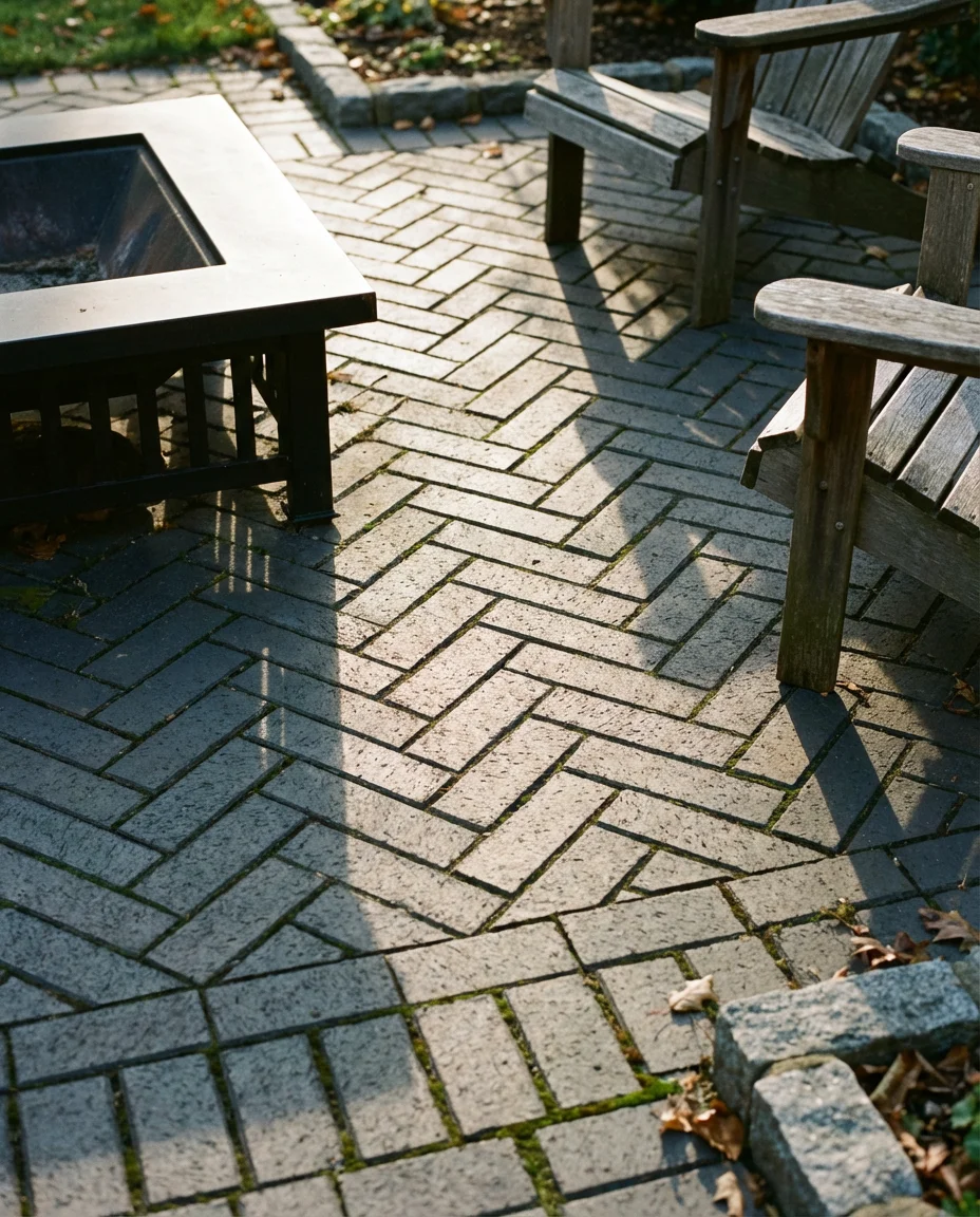 Small Backyard Fire Pit with Herringbone Brick Patio 2