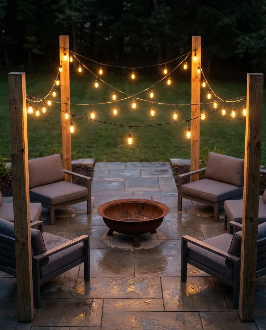 String Light Canopy Over a Paver Fire Pit Patio 1