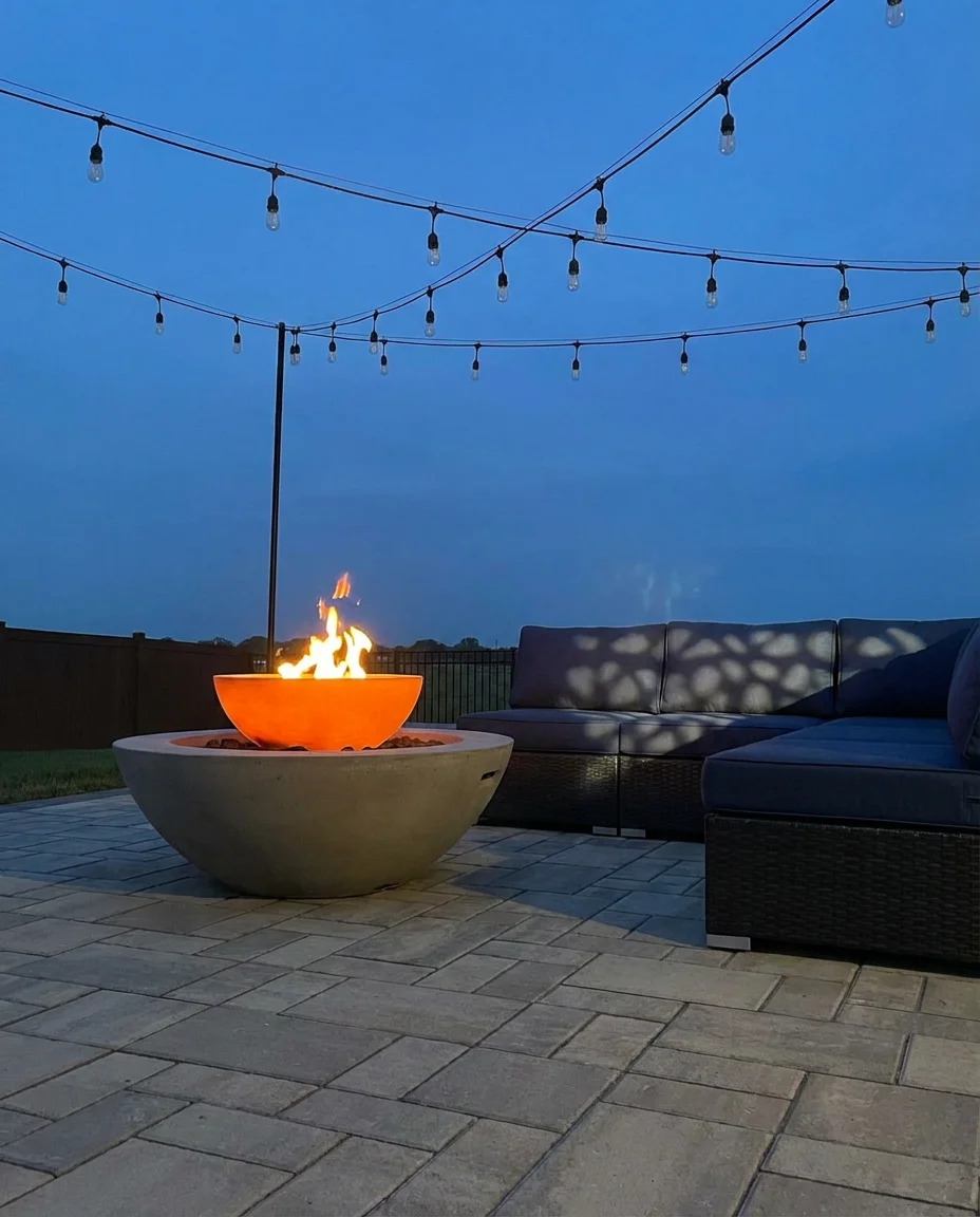 String Light Canopy Over a Paver Fire Pit Patio 2