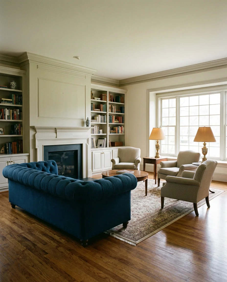 Traditional Living Room with Tufted Sofa and Crown Molding 1