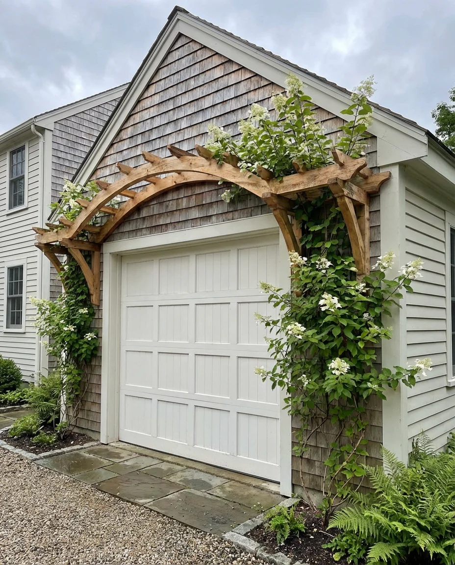 Trellis Over Garage Door with Climbing Plants 1