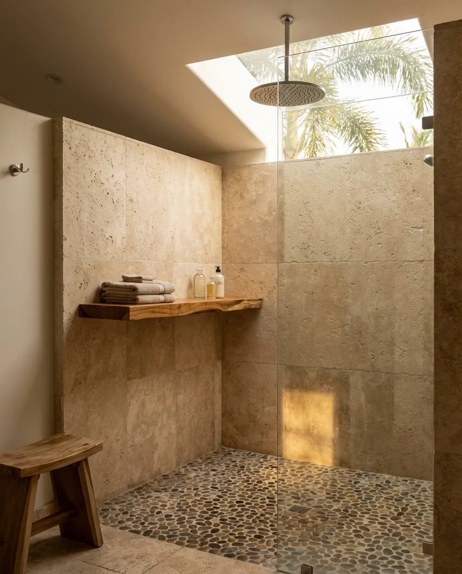 Walk-In Shower With Open Shelving and Stone 1