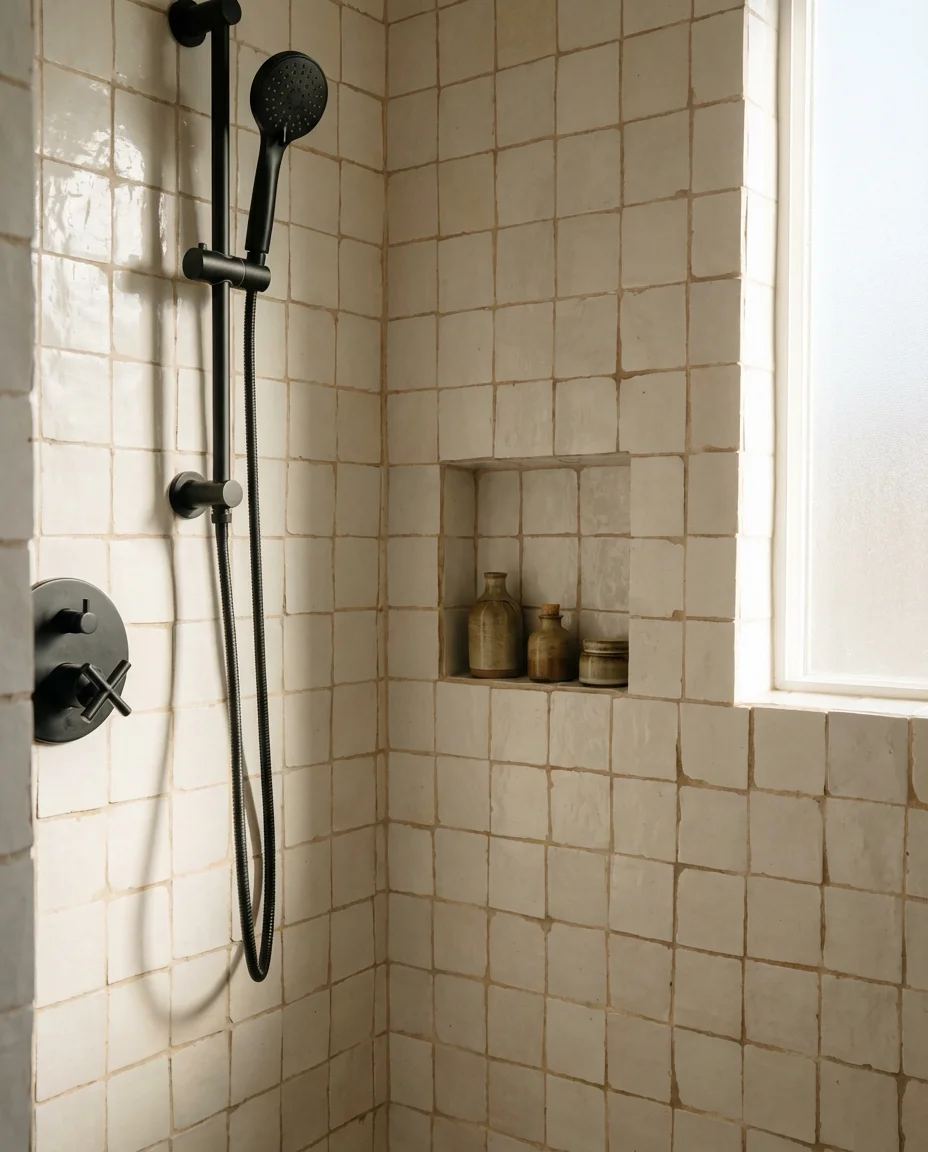 Walk-In Shower With Open Shelving and Stone 2