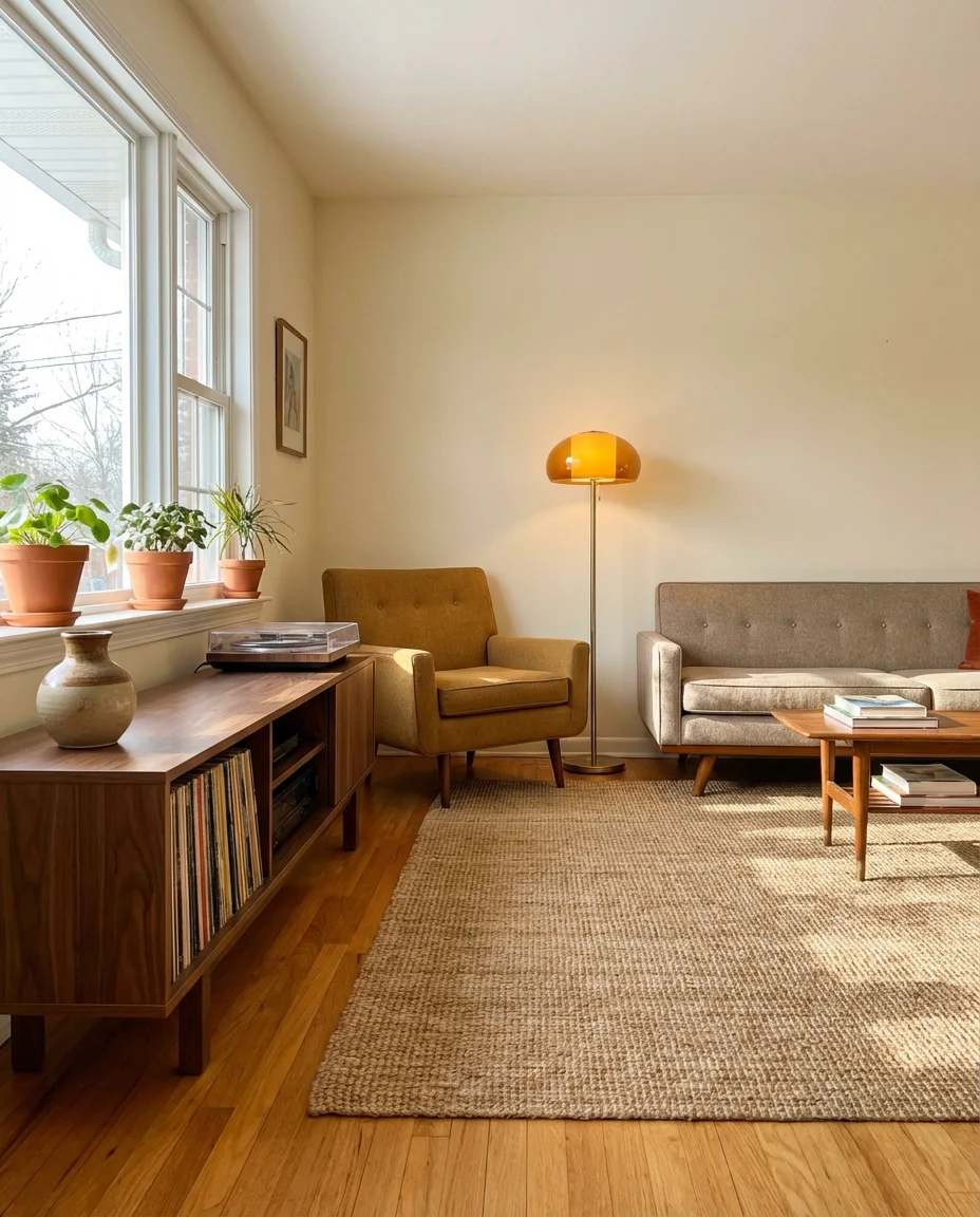 Warm Mid-Century Living Room with Walnut Accents 1