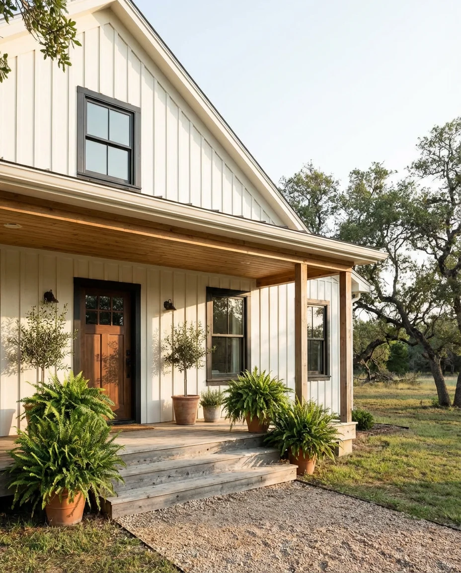 Warm White Farmhouse Siding with Black Trim 1