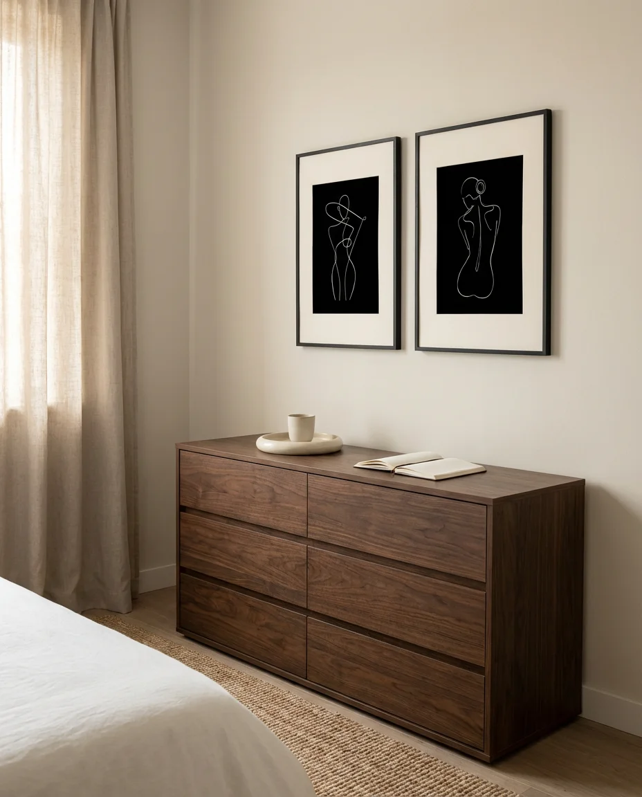 White Art Above a Dark Wood Dresser 1