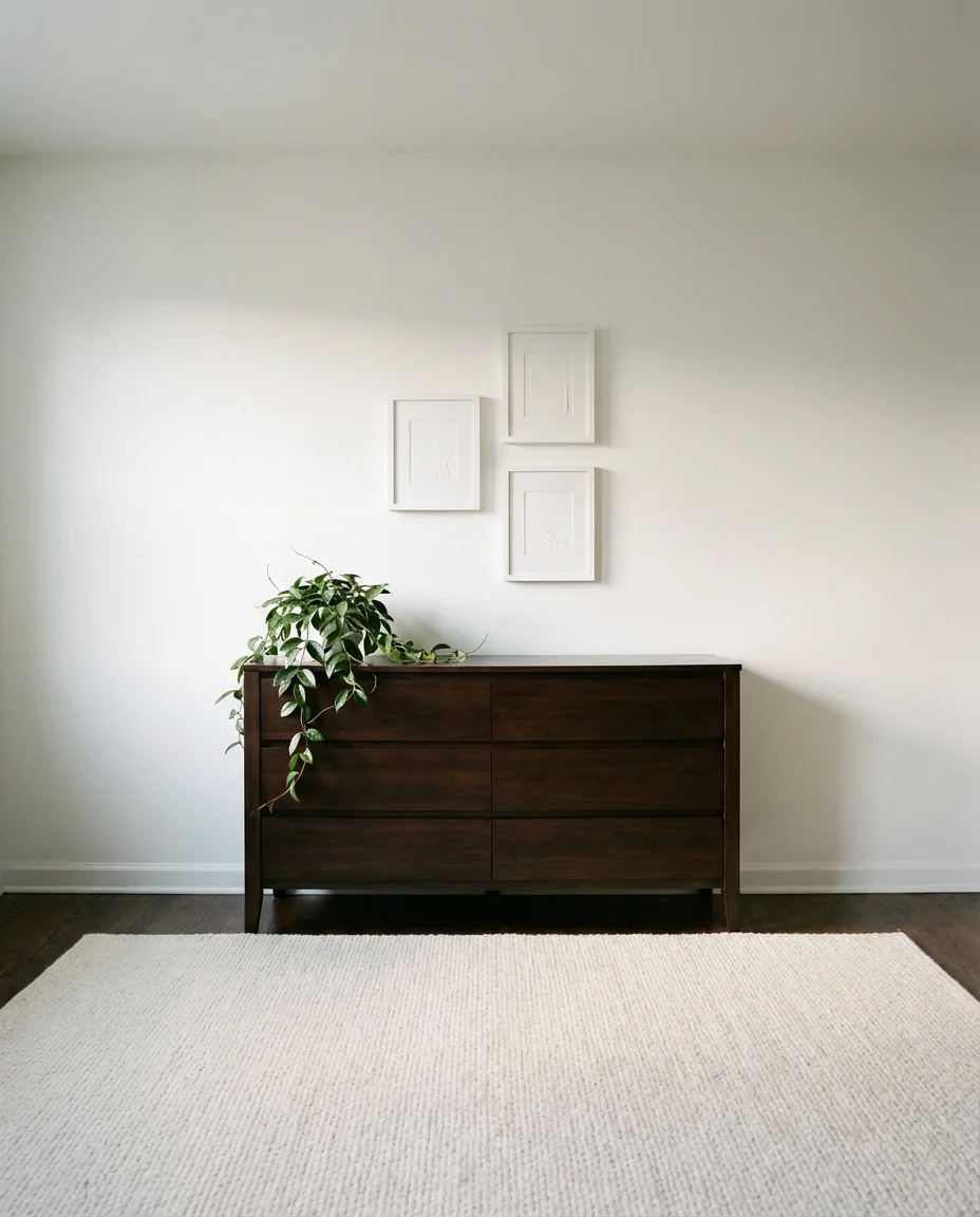 White Art Above a Dark Wood Dresser 2