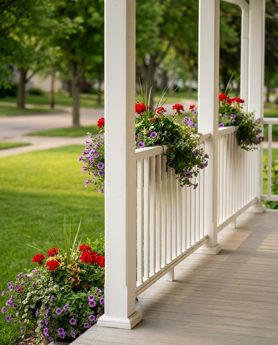White Painted Railing with Floral Planters 1