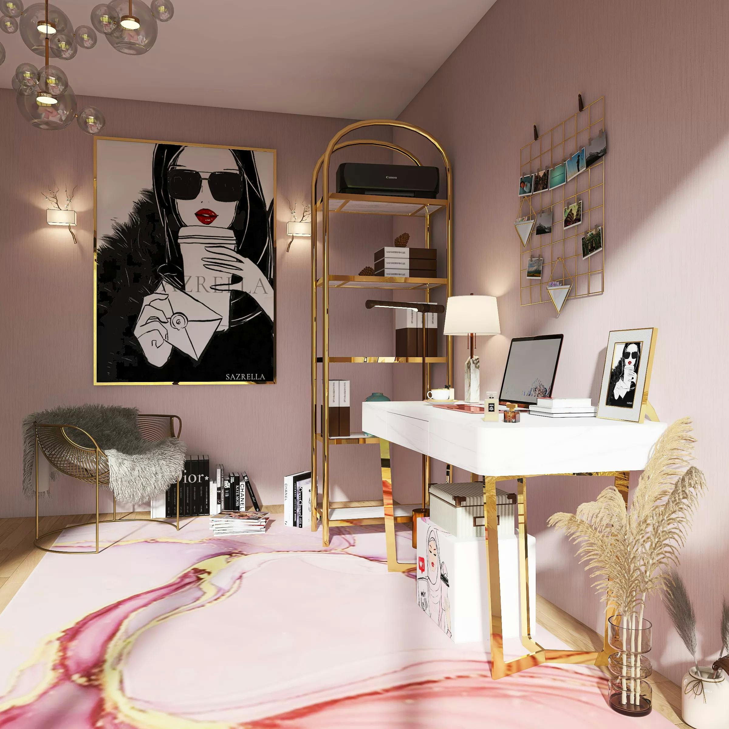 Chic home office featuring modern artwork, gold accents, and contemporary design elements.