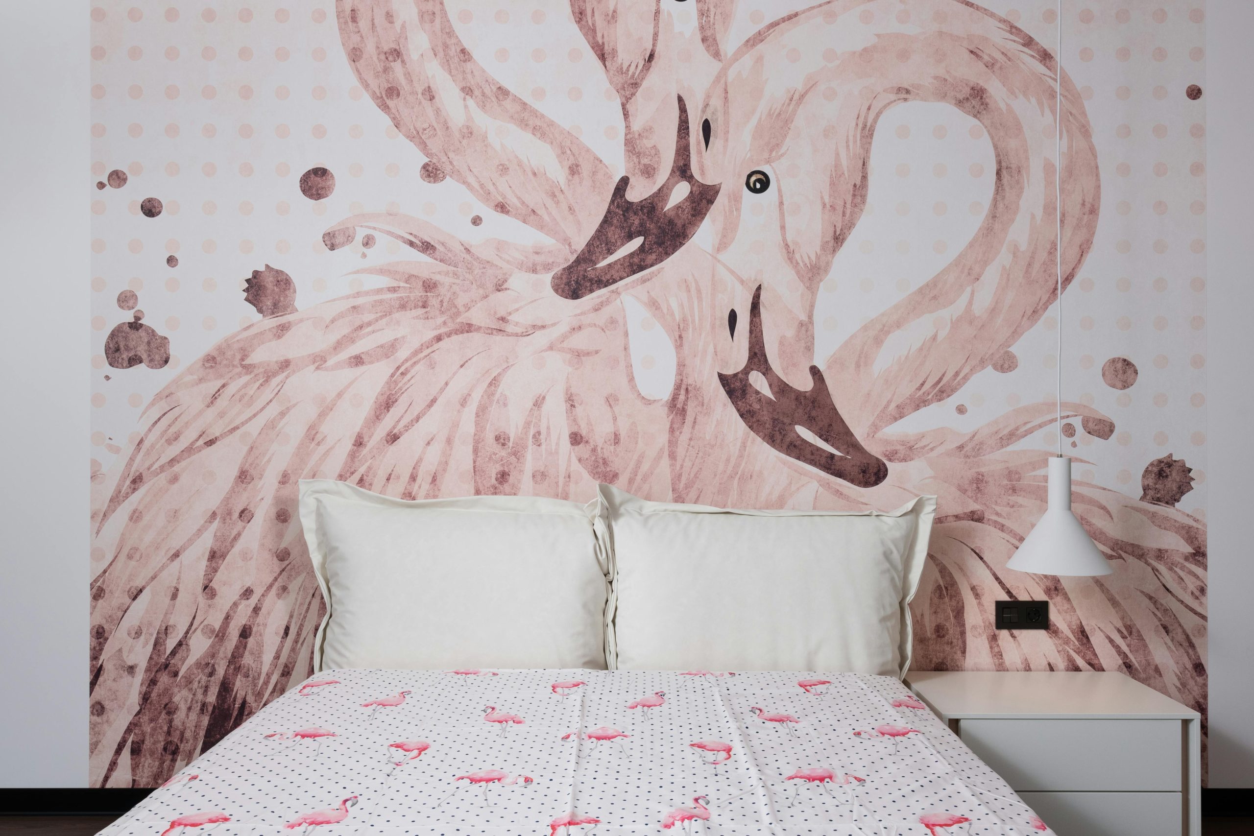 Contemporary bedroom featuring artistic flamingo wall art and minimalistic decor.