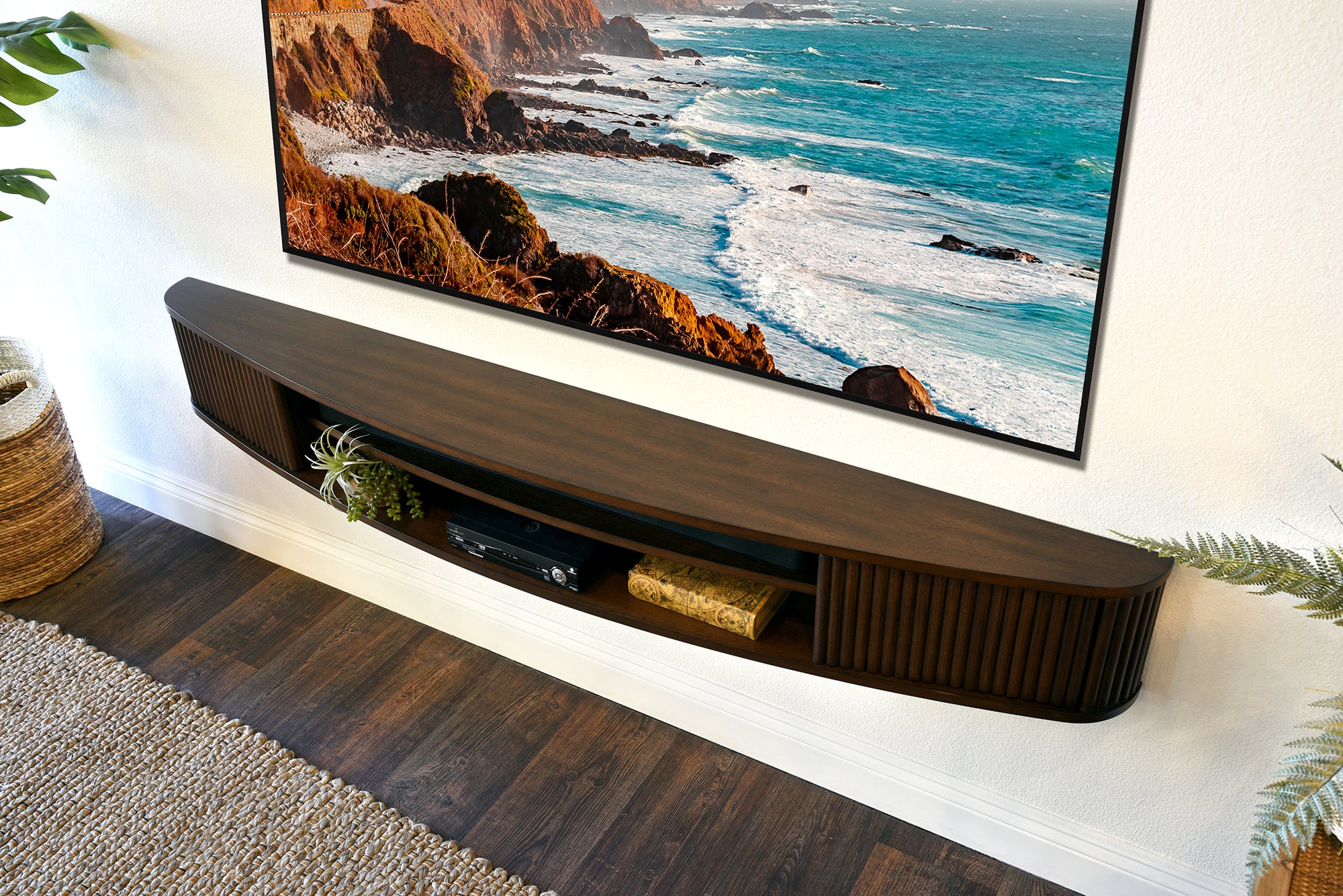 Floating TV Stand Curved Wall Mount 72' Console - Arc - Russet Brown - Woodwaves