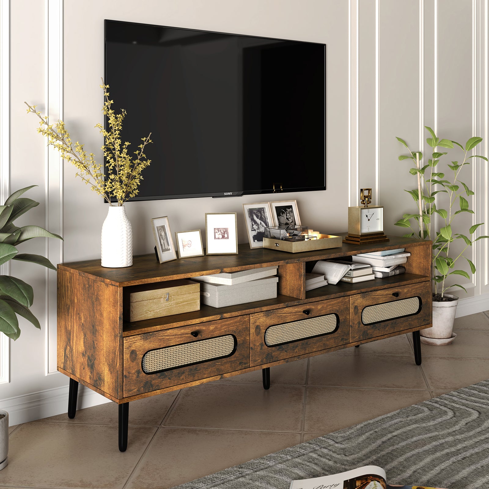 Mjkone Boho TV Stand for TV Up to 65',Entertainment Center with 3 Storage Drawers and Open Compartment, 55' Media Console with Rattan Decorative for