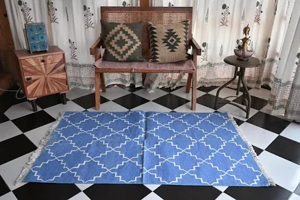 Geometric Blue & White Trellis Cotton...