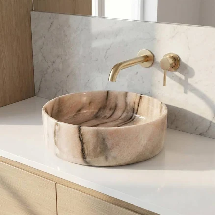 Round Pink Marble Vessel Sink - Natur...