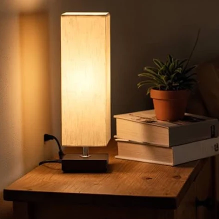 Square Table Lamp Wood Base Fabric Sh...
