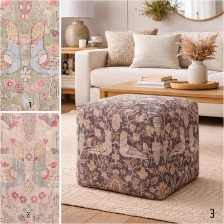 Woven Pouf Ottoman: Bird & Floral Pat...