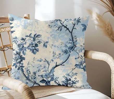 Blue French Toile Square Throw Pillow...