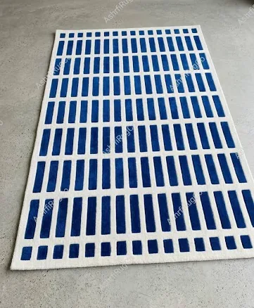 Blue White Geometric Area Rug, Modern...