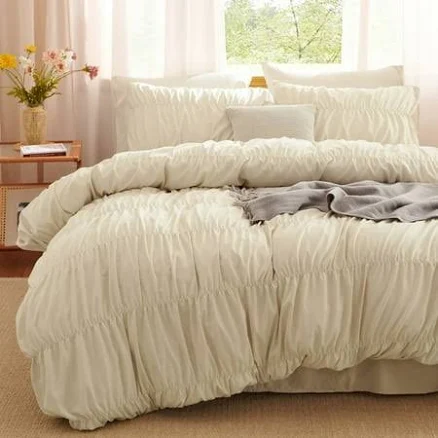 3 Pieces Beige Ruched Duvet Cover Set...