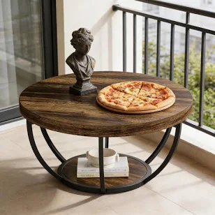 2-Tier Wood Coffee Table with Metal B...