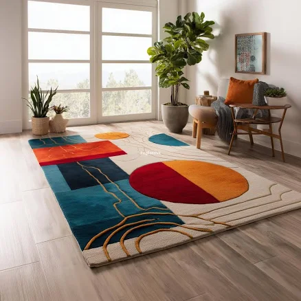 Modern Abstract Rug | Blue, Orange & ...