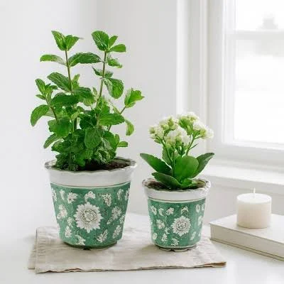 Ceramic Planters with Floral Embossin...