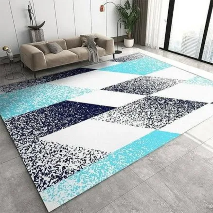 Blue Geometric Art Area Rug, White Sp...