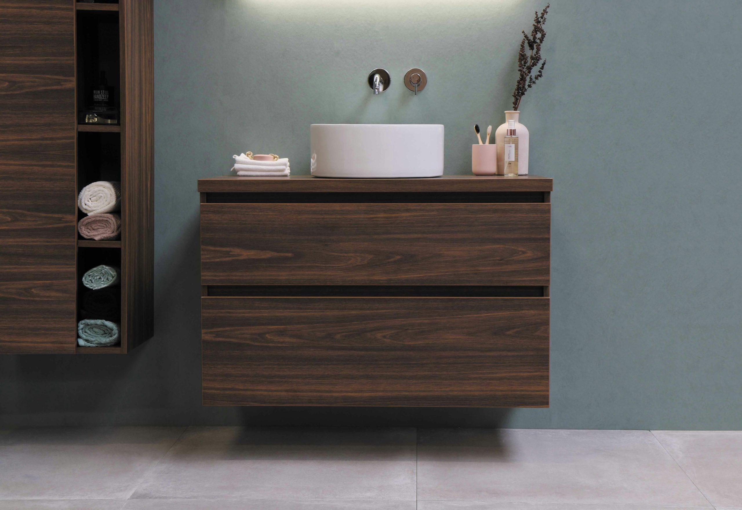 Proline - Opbouwkom Top 2 porselein rond - onderkast asymmetrisch 100 cm cabana oak - hoge kast met schappen