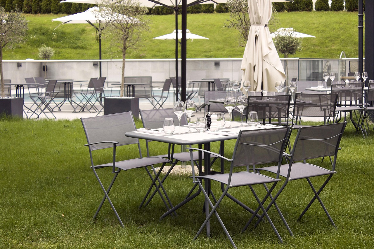 restaurant, table, chairs, grass, lunch, nature, setting, catering, umbrella, outdoors, furniture, patio