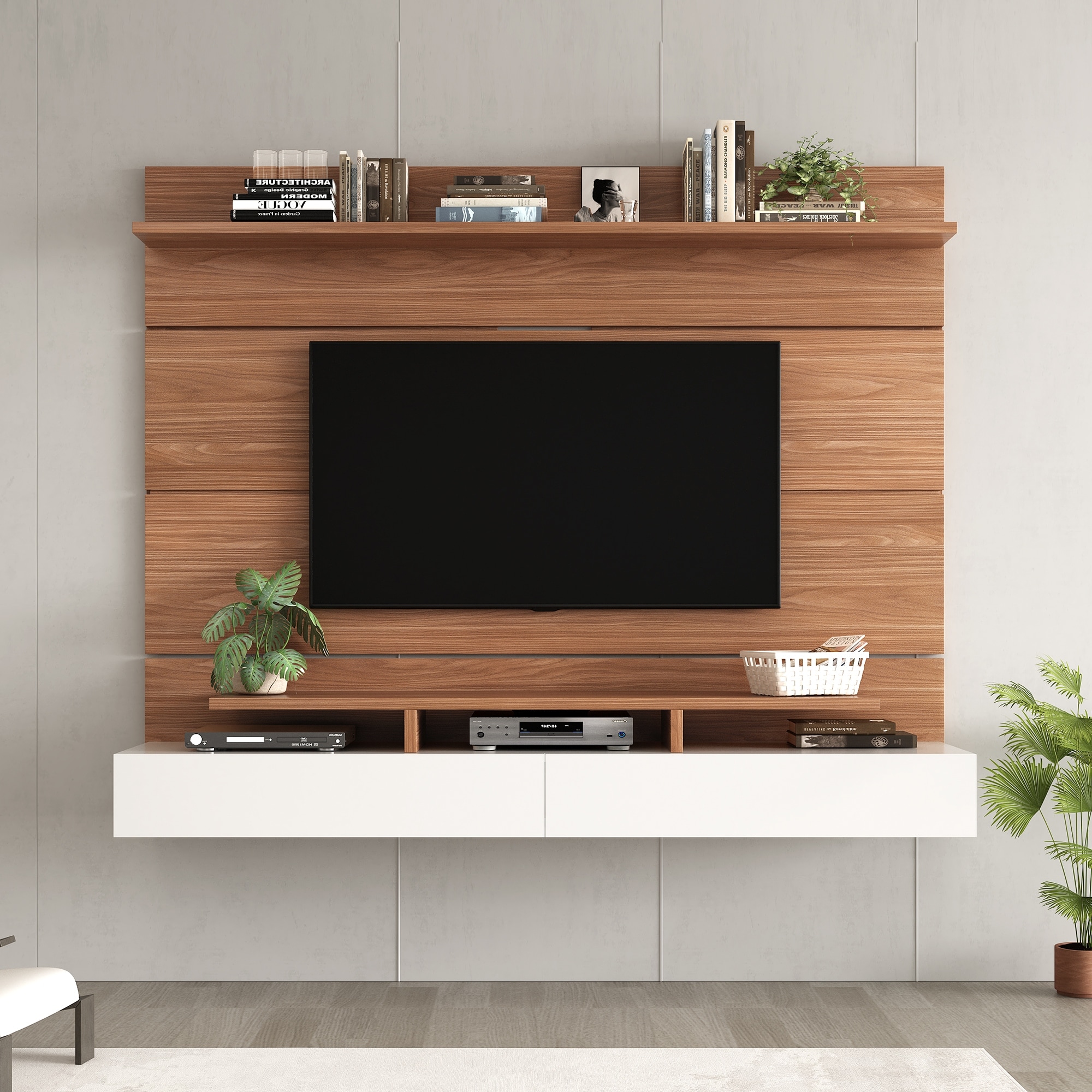 Wall Mounted Floating TV Stand for TVs Up to 80', Media Console Wall TV Cabinet Shelf for Living Room and Bedroom, Natural Wood - Bed Bath & Beyond - 39035028