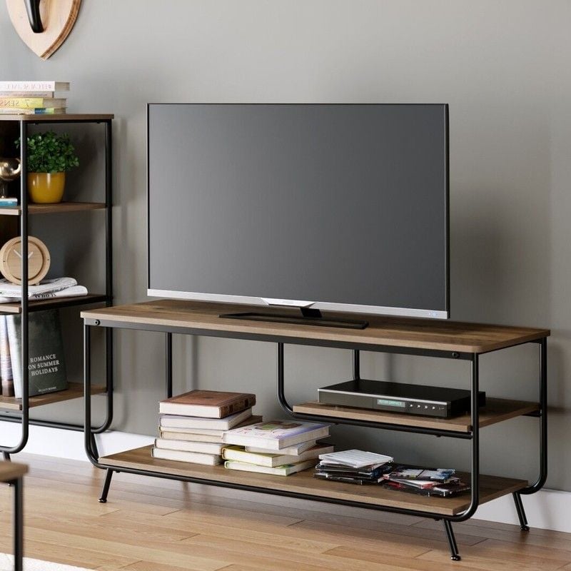 Wood and wire shelf on a low media console | Foter